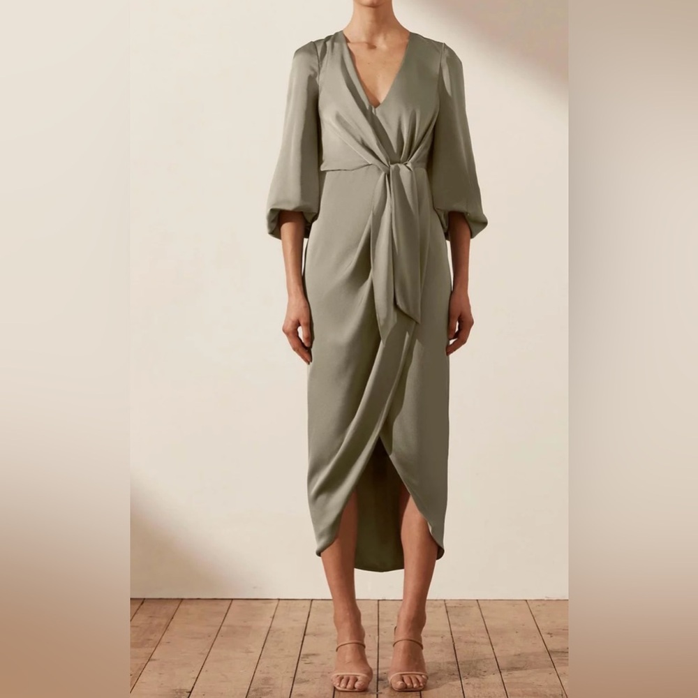 Shona Joy LUXE TIE FRONT BALLOON SLEEVE MIDI DRESS - EUCALYPTUS